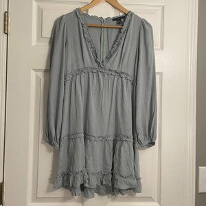 Forever 21 Women's Sage Green V Neck Long Sleeve Ruffle Trim Dress Size Small
